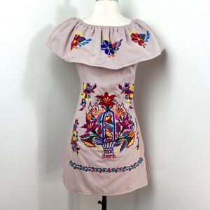 Colorful Floral Embroidered Cotton Dress S/M Flounce Collar Boho Peasant Ethnic